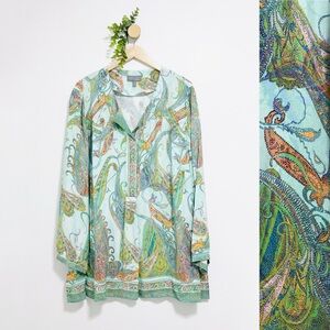 Selection By Ulla Popken Green Paisley Print Boho Long Sleeve Blouse
